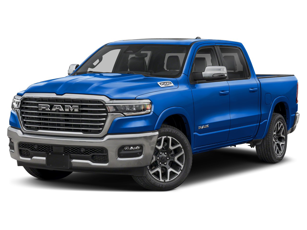 2026 RAM 1500 Laramie in Hydro Blue Pearlcoat — front three-quarter view